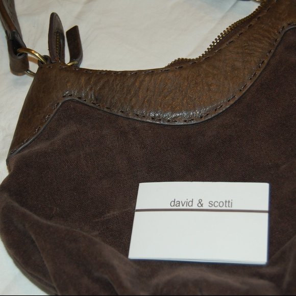 David & Scotti Brown Leather & Soft Material Small Purse W/ Embroidery& Beads - Picture 15 of 16